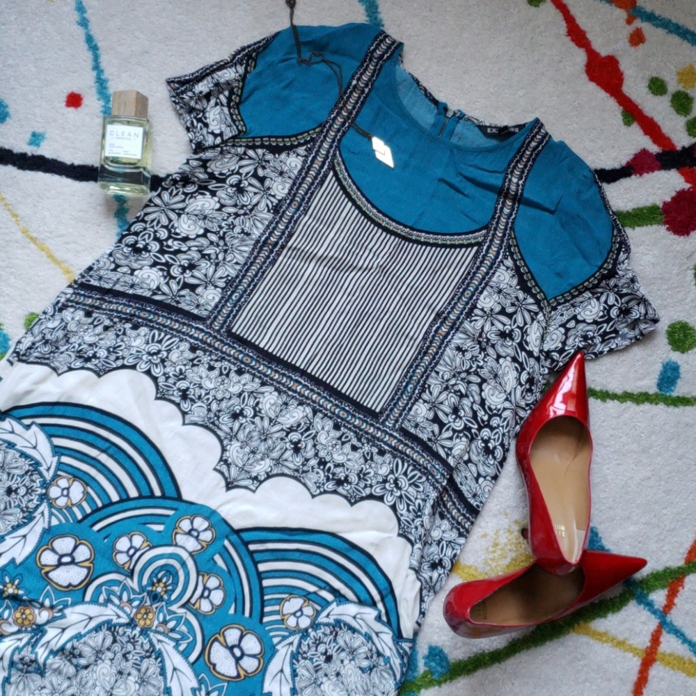 Express Teal/Black/White Printed Crepe Dress